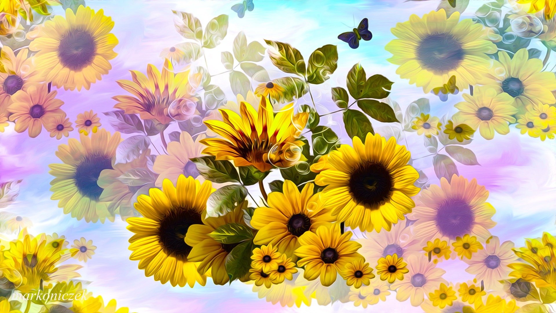 Żółte, Kwiaty, Słoneczniki, Motylek, Grafika