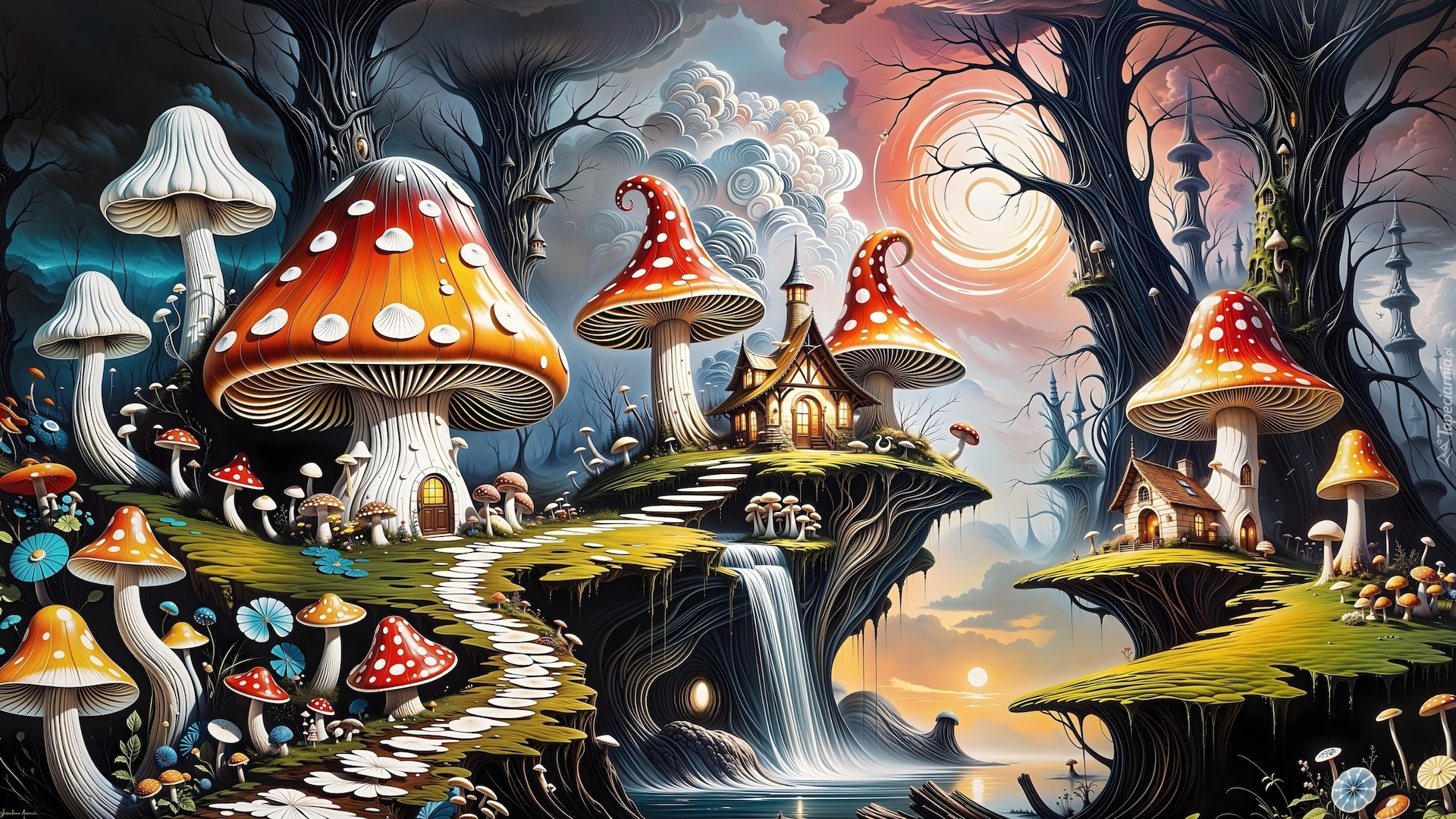 Fantasy, Las, Grzyby, Drzewa, Wodospad, Chmury, Ścieżka, Fantasy
