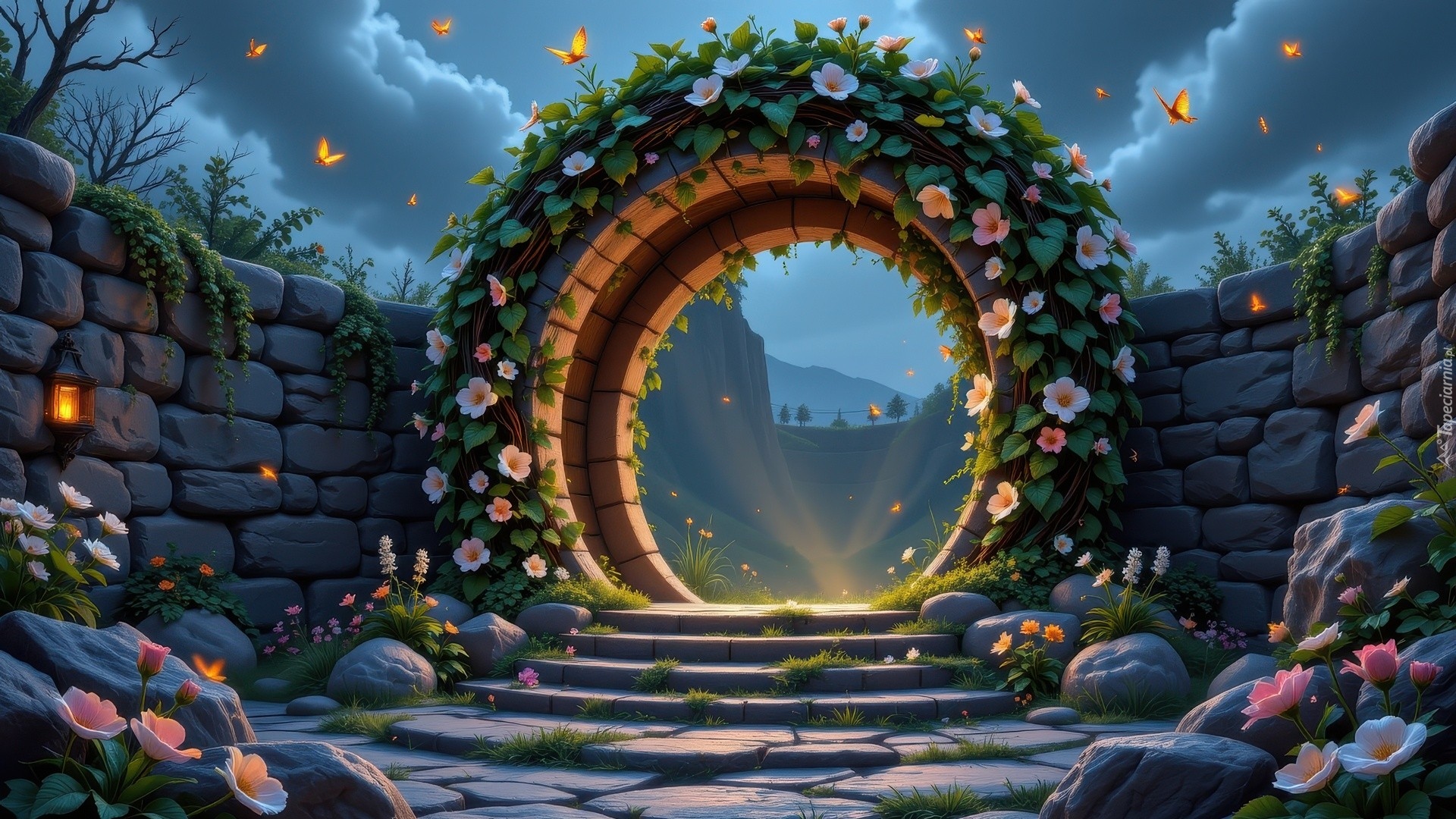 Kamienisty, Mur, Murowane, Koło, Białe, Różowe, Kwiaty, Al Budowla