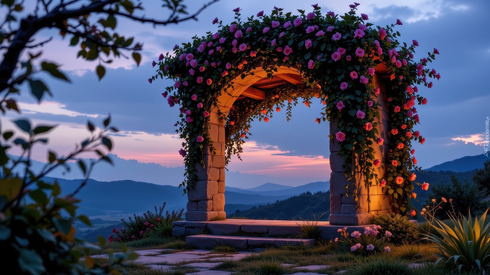 Murowany, Łuk, Różowe, Kwiaty, Rośliny, Góry