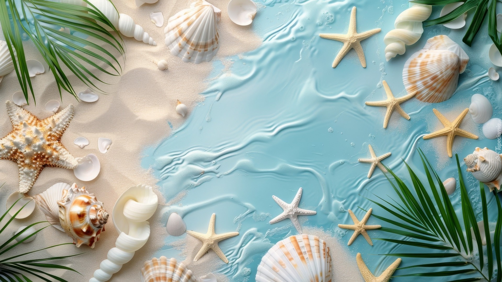 Muszelki, Żółty, Piasek, Rozgwiazdy, Zielone, Gałązki, Niebieskie, Tło