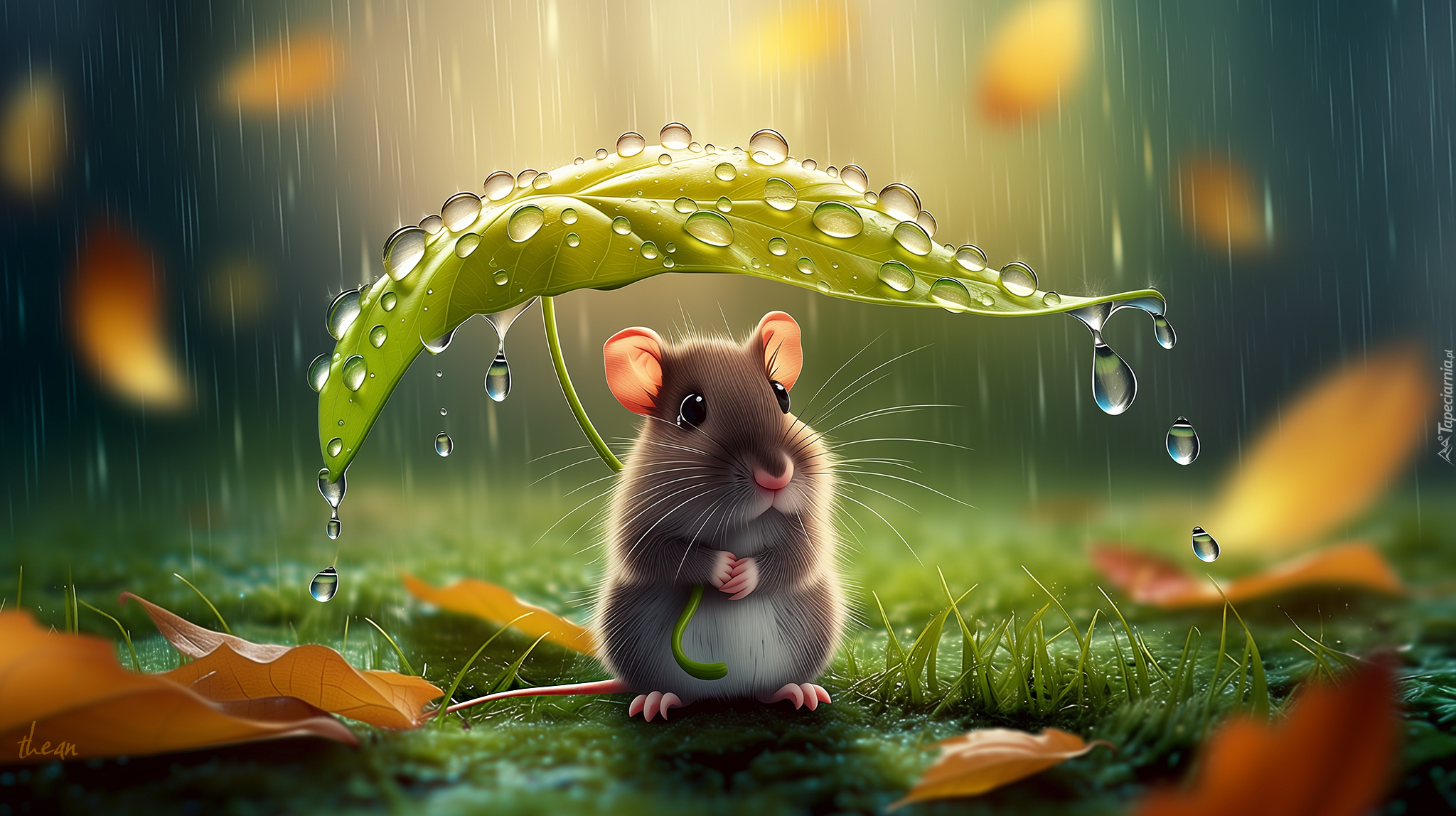 Myszka, Liść, Deszcz, Grafika AI