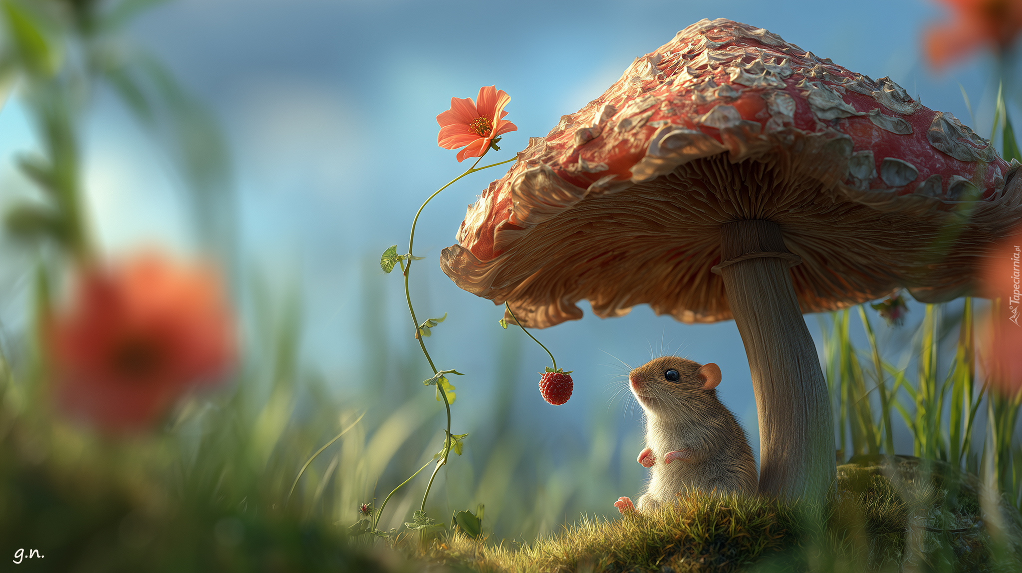 Myszoskoczek, Grzyb, Malina, Trawa, Kwiat, Grafika AI