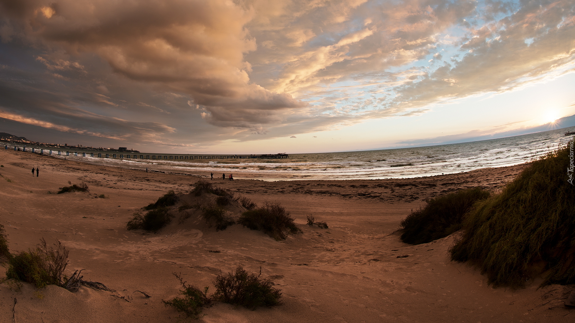 Zachód słońca, Plaża, Morze, Chmury, Piasek, Rośliny