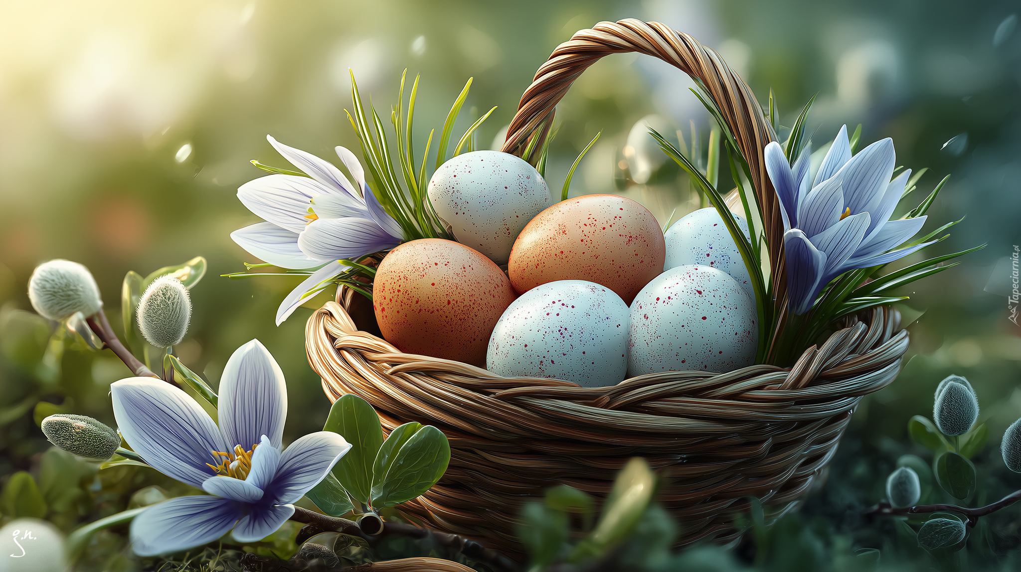 Jajka, Koszyk, Krokusy, Grafika AI, Pisanki