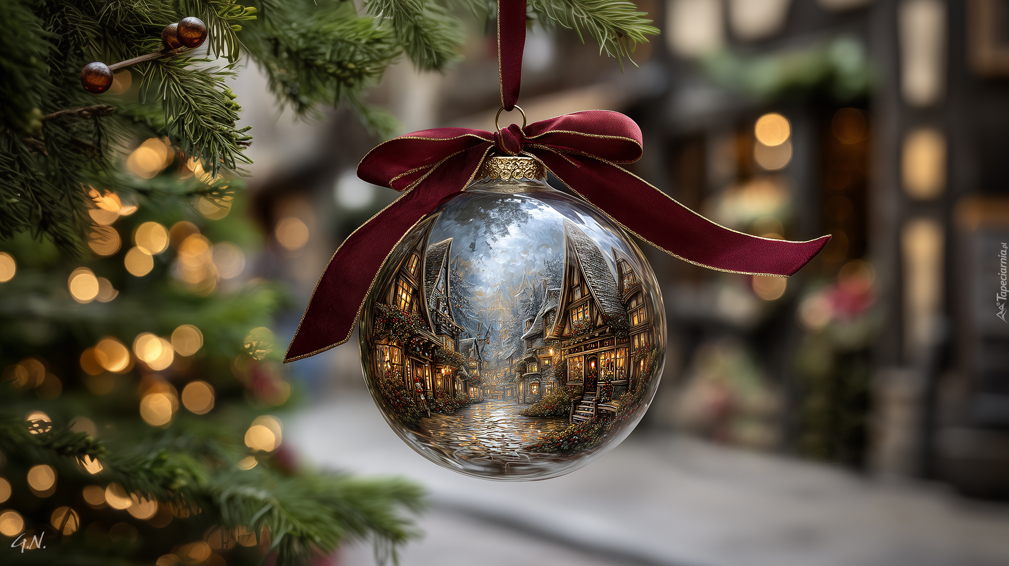 Boże Narodzenie, Bombka, Czerwona, Kokarda, Świerk, Grafika AI