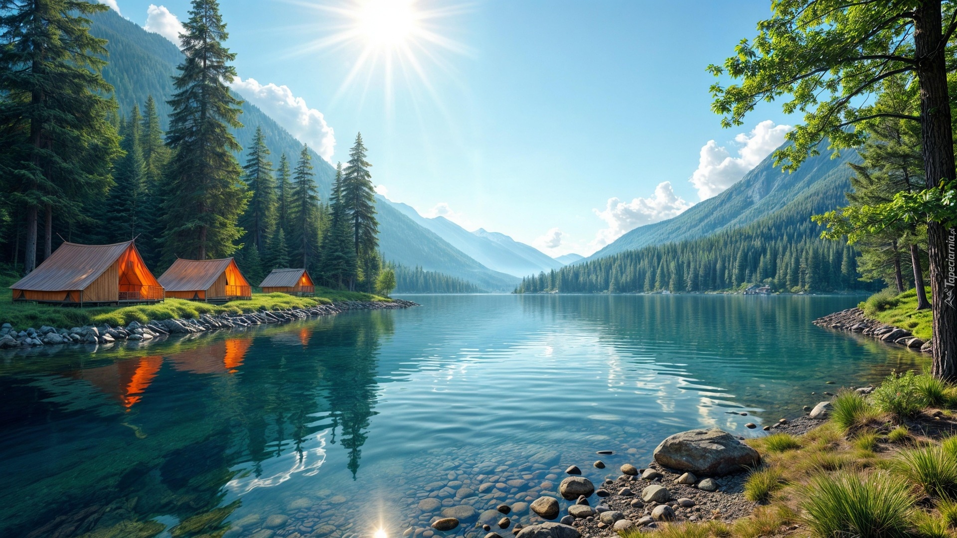 Jezioro, Kemping, Namioty, Góry, Drzewa