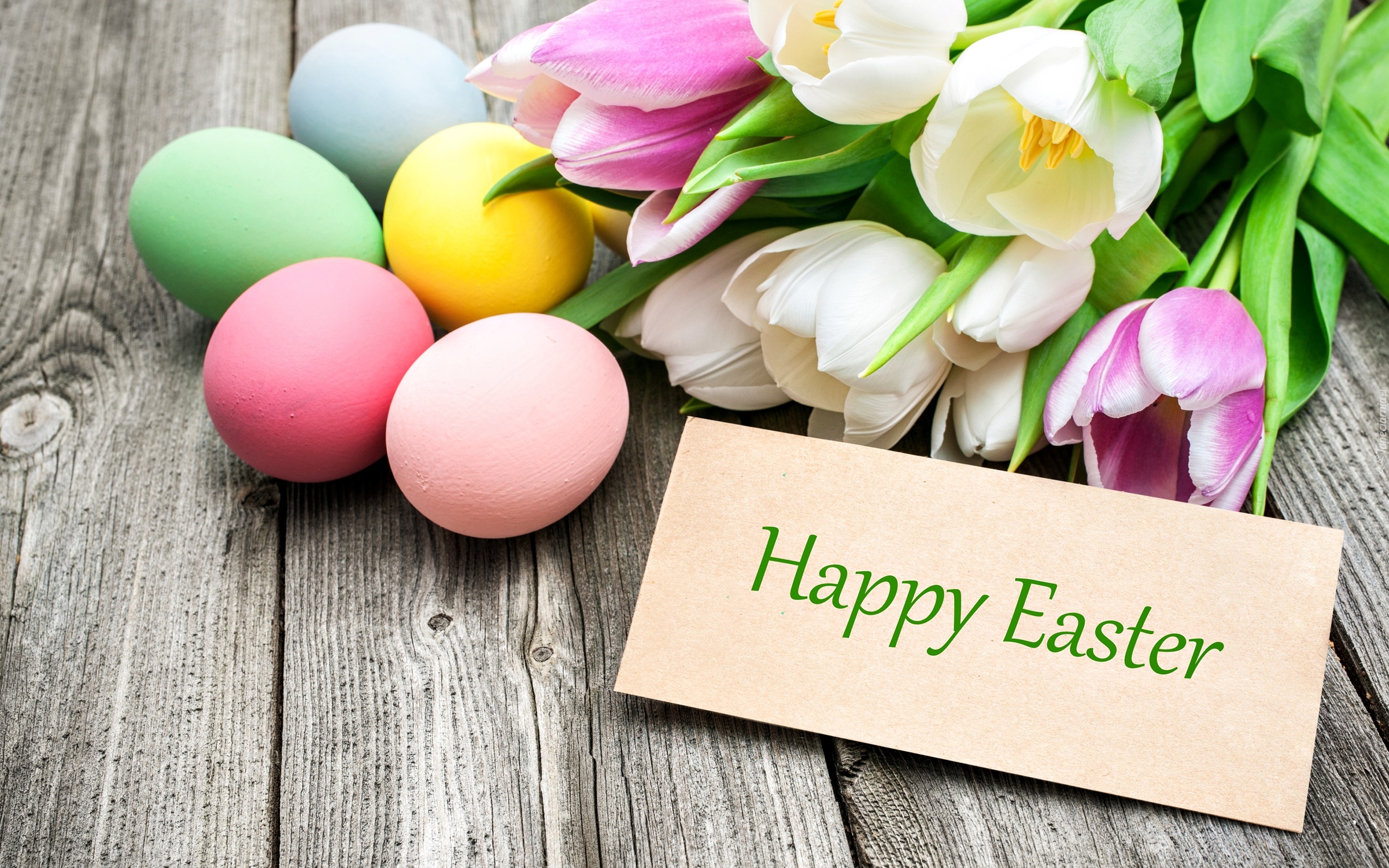Wielkanoc, Kolorowe, Pisanki, Tulipany, Kartka, Napis, Happy Easter