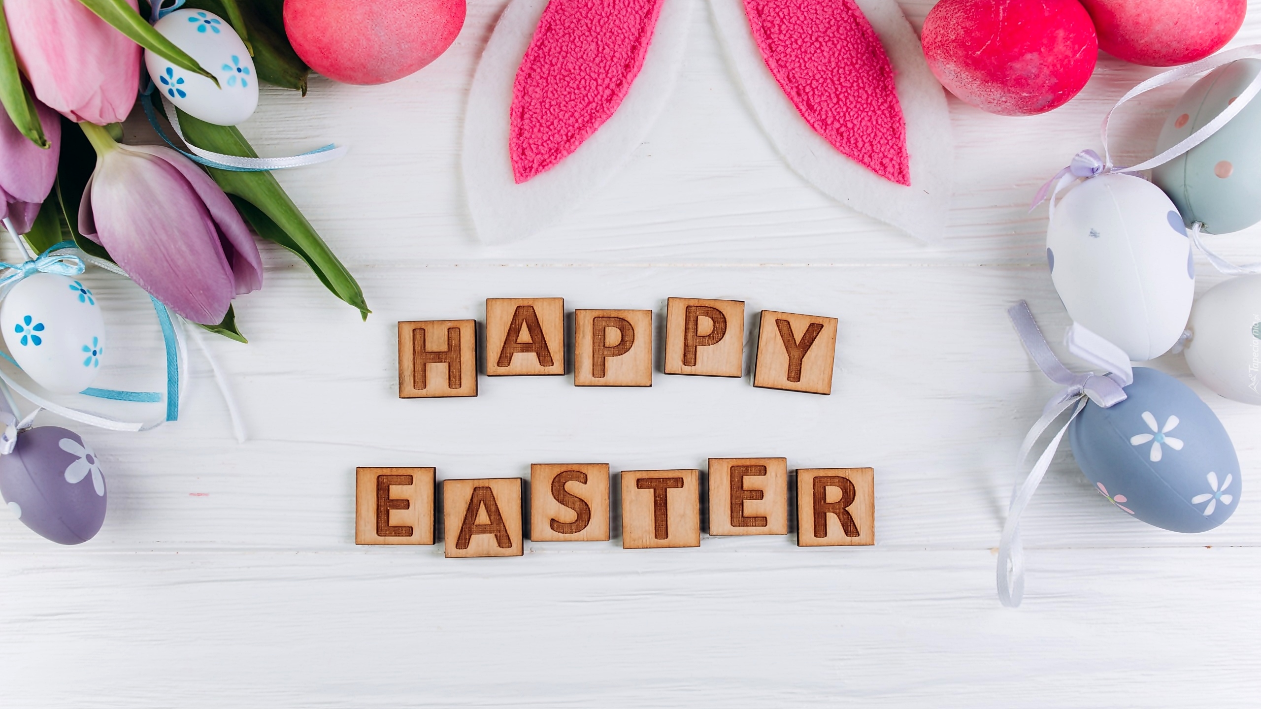 Pisanki, Napis, Happy Easter, Tulipany, Dekoracja, Uszy, Wielkanoc