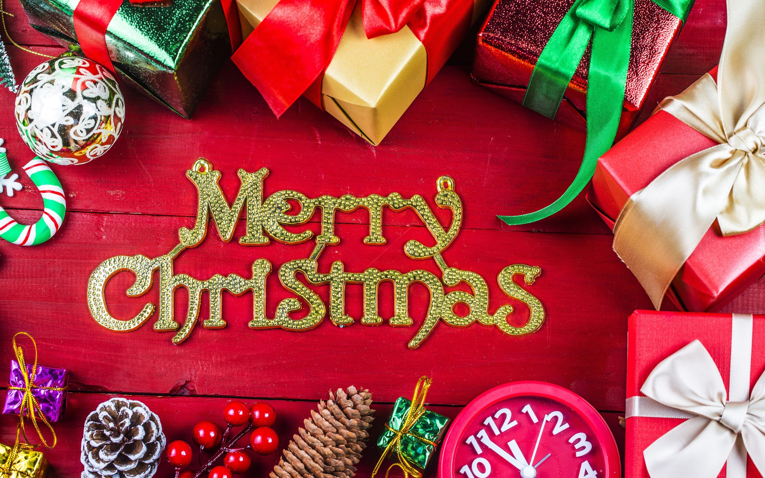 Boże Narodzenie, Merry Christmas, Prezenty, Zegar, Szyszki