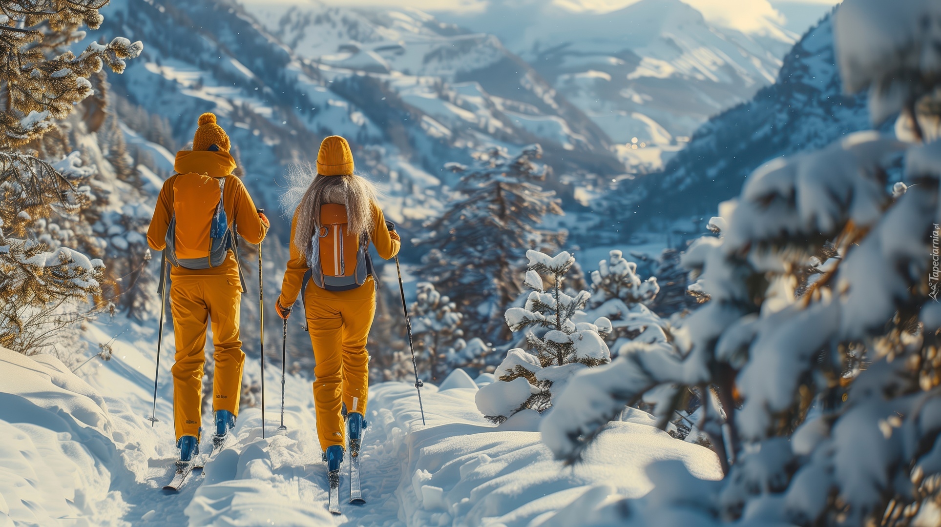 Zima, Narciarze, Drzewa, Góry, Grafika AI