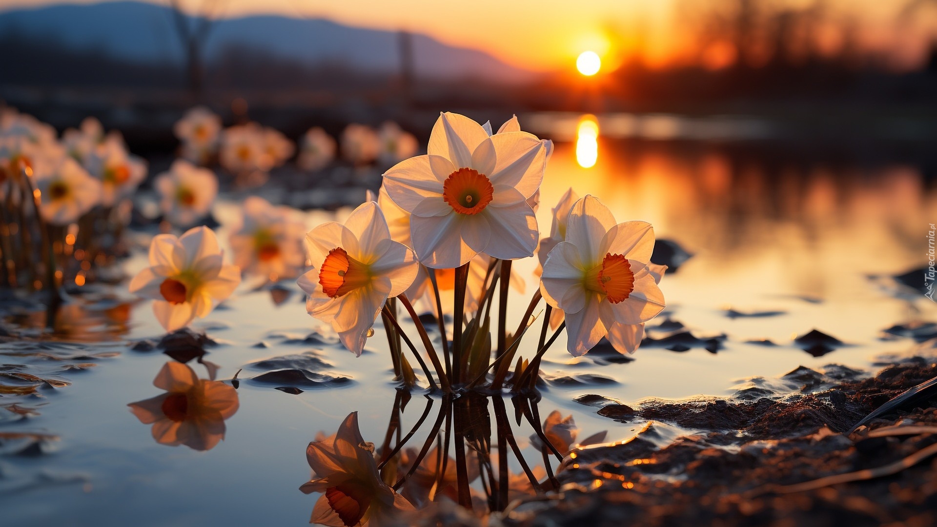 Zachód słońca, Rzeka, Kwiaty, Narcyzy, Odbicie, Al