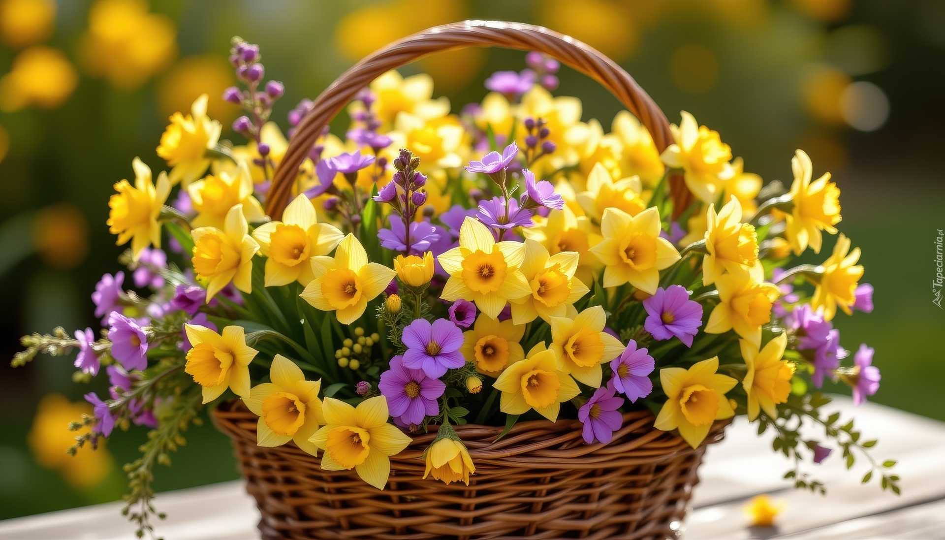 Kwiaty, Fioletowe, Żółte, Narcyzy żonkile, Bukiet, Wiklinowy, Koszyk