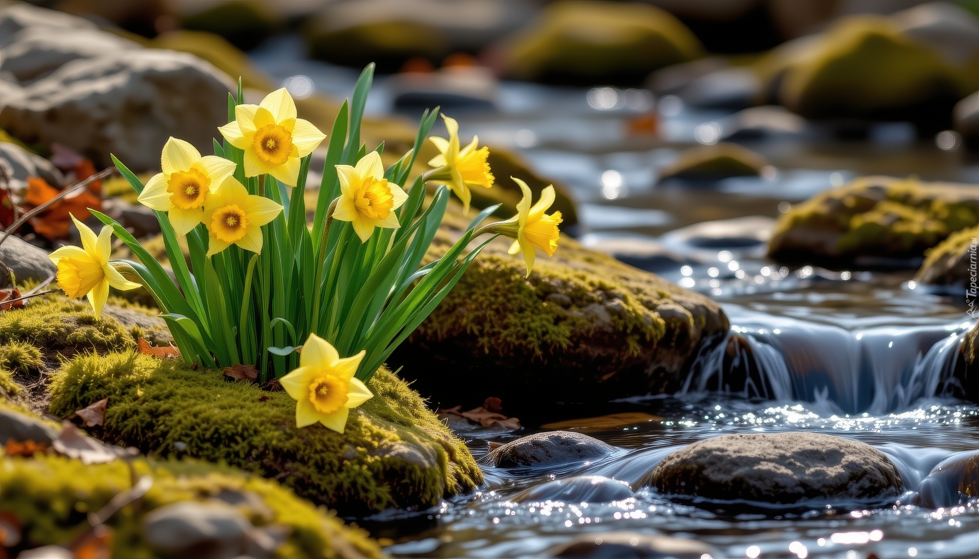 Kwiaty, Żółte, Narcyzy-żonkile, Omszałe, Kamienie, Strumień, Wiosna