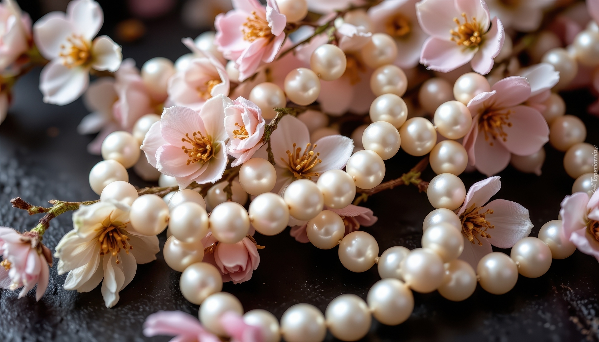 Różowe, Kwiaty, Gałązki, Korale, Perły
