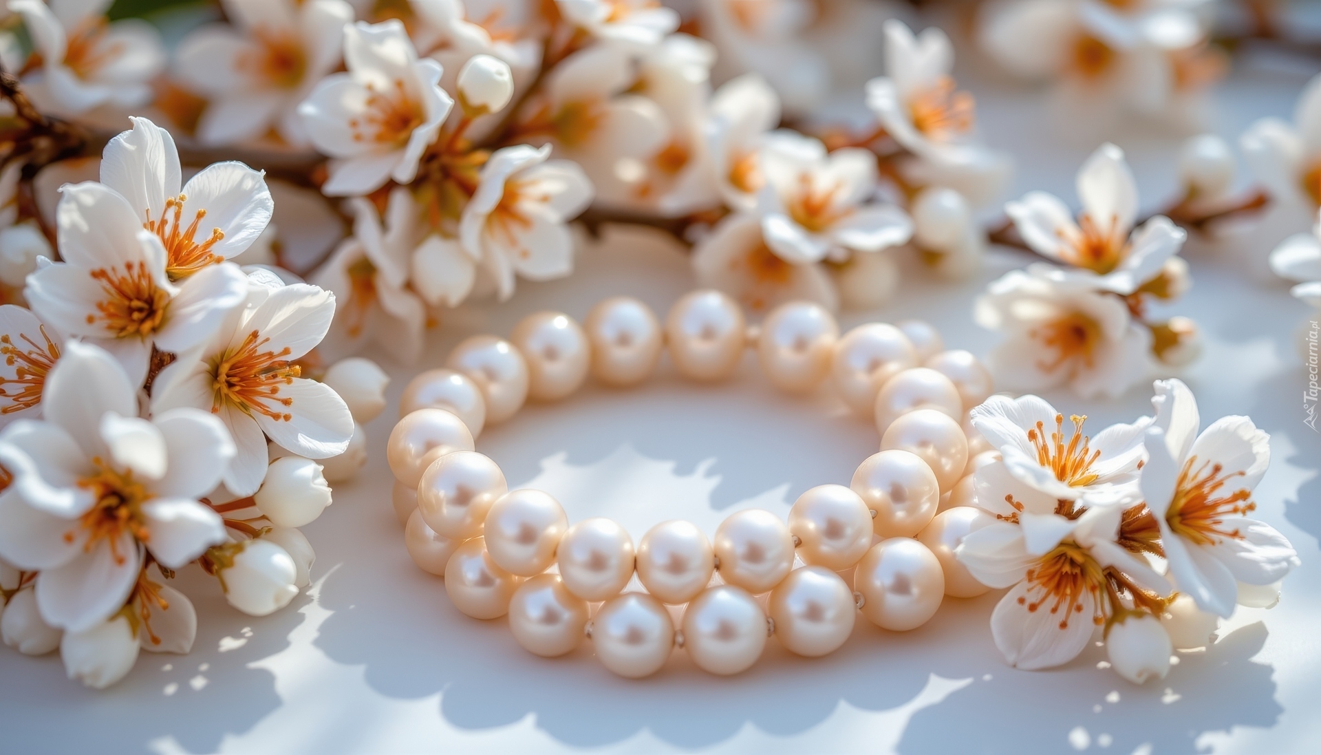 Białe, Kwiaty, Pomarańczowe, Pręciki, Gałązki, Korale, Perły