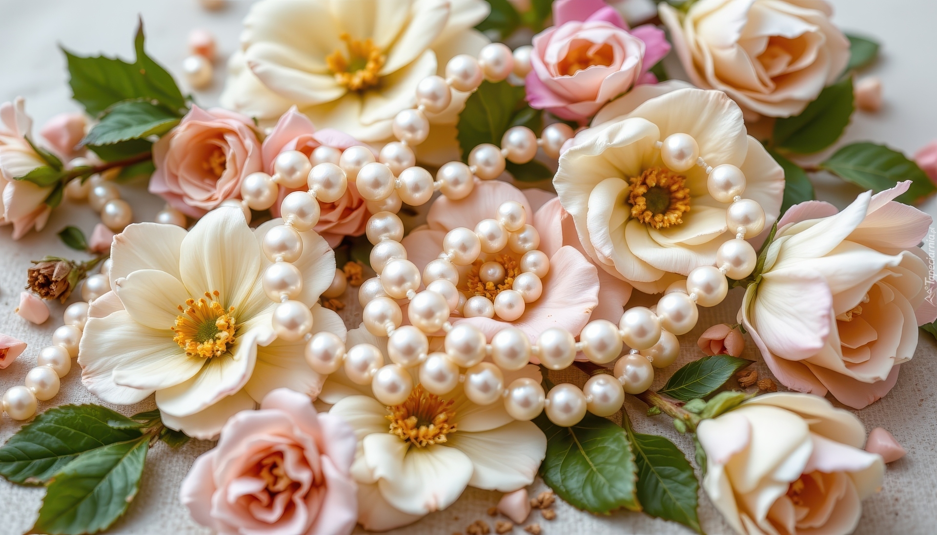 Kremowe, Kwiaty, Perły, Korale