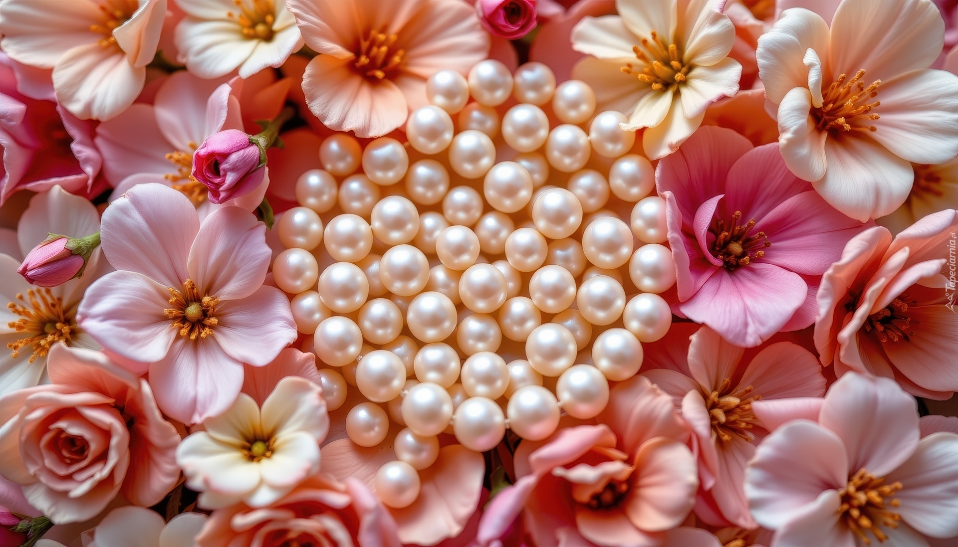 Różowe, Kwiaty, Korale, Perły