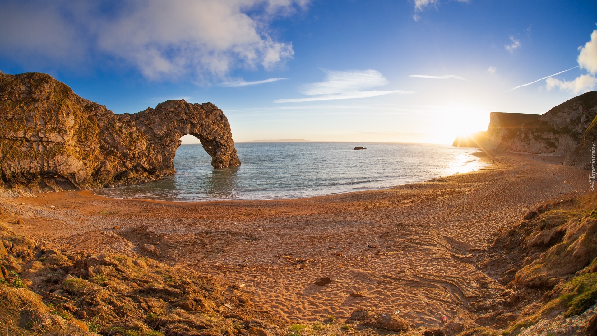 Anglia, Hrabstwo Dorset, Wybrzeże Jurajskie, Łuk wapienny Durdle Door, Kanał La Manche, Morze, Wybrzeże, Wschód słońca, Chmury, Skała