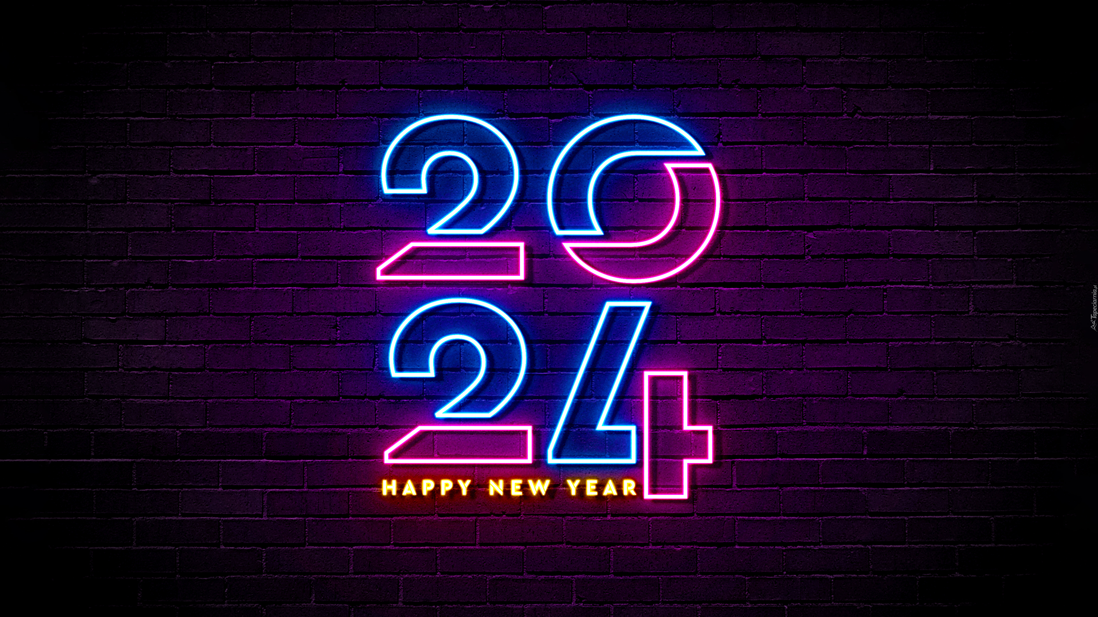Nowy Rok, 2024, Neonowy, Mur, Cegły, Życzenia