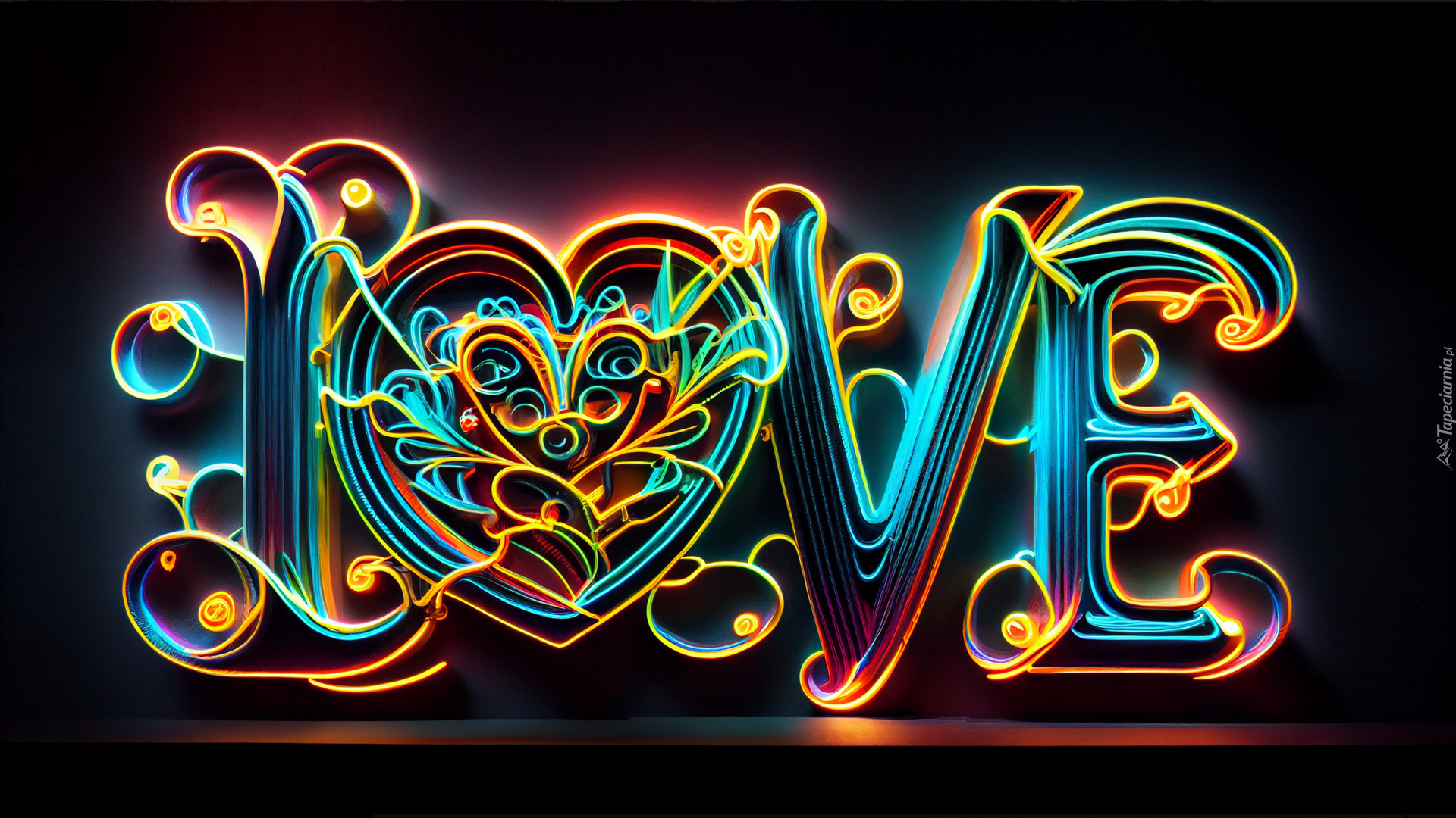 Miłość, Neon, Napis, Love, Czarne, Tło, 2D