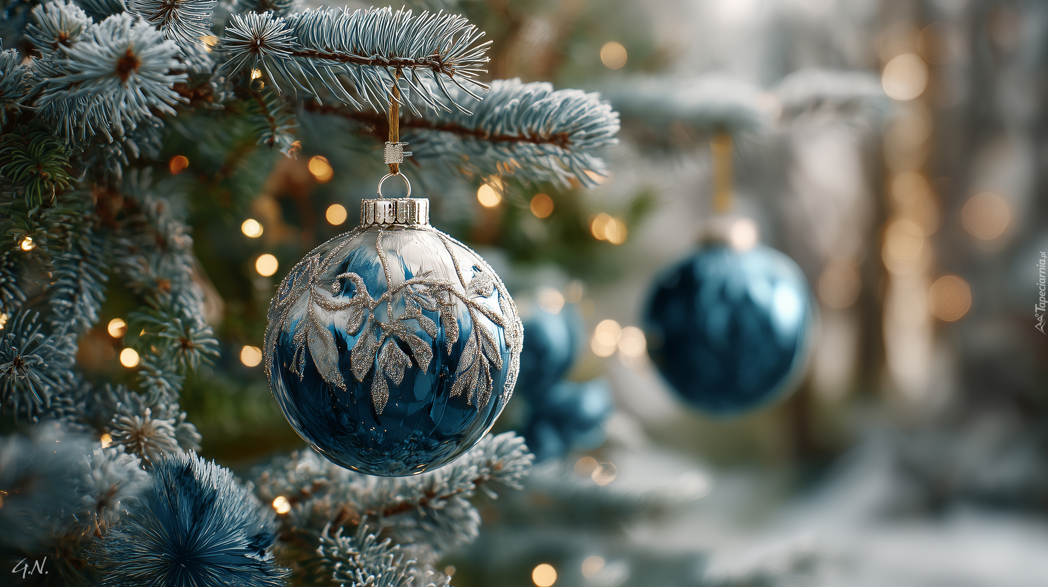 Niebieska, Bombka, Gałązki, Świerka, Boże Narodzenie, Grafika AI
