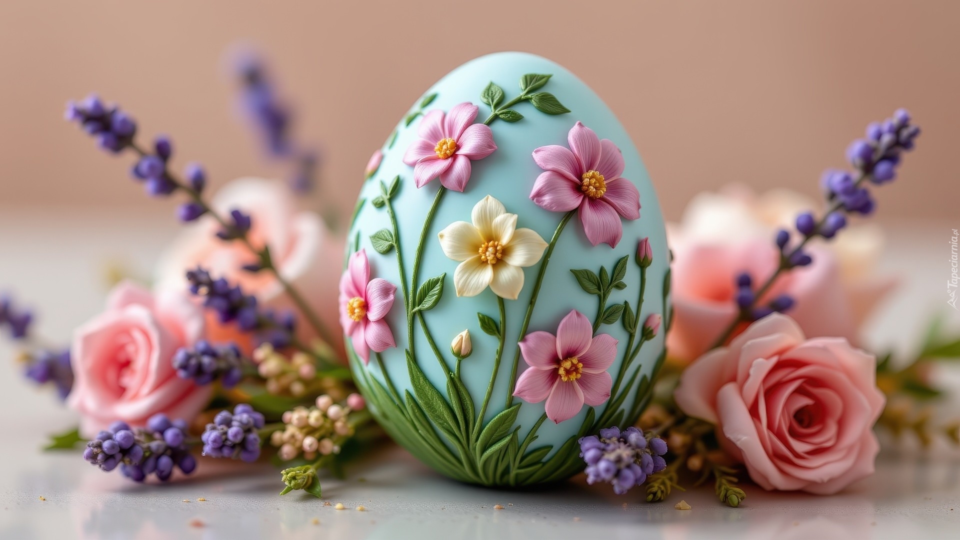 Wielkanoc, Niebieskie, Jajko, Pisanka, Różowe, Żółte, Kwiaty, Różowe, Róże, Lawenda