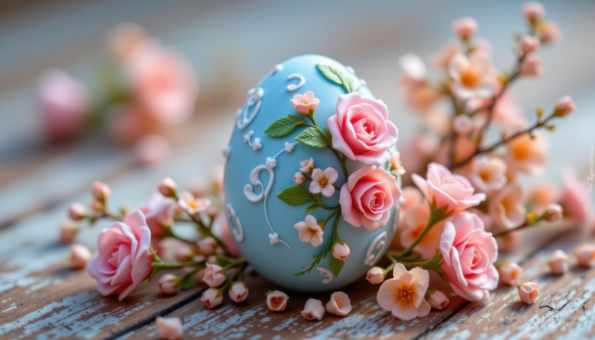 Wielkanoc, Niebieska, Pisanka, Różowe, Róże, Gałązki, Kwiaty