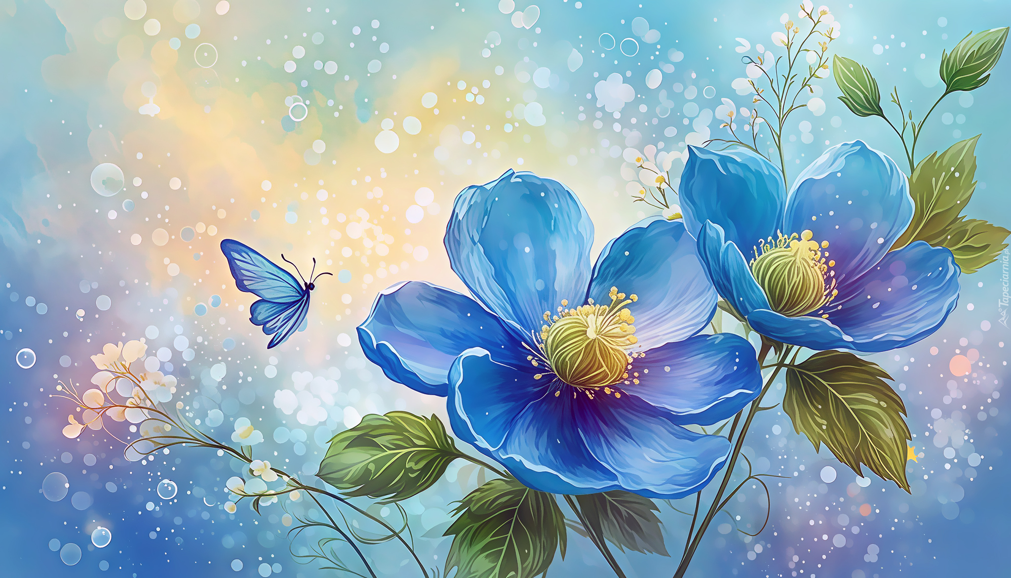 Niebieskie, Kwiaty, Motyl, Grafika AI
