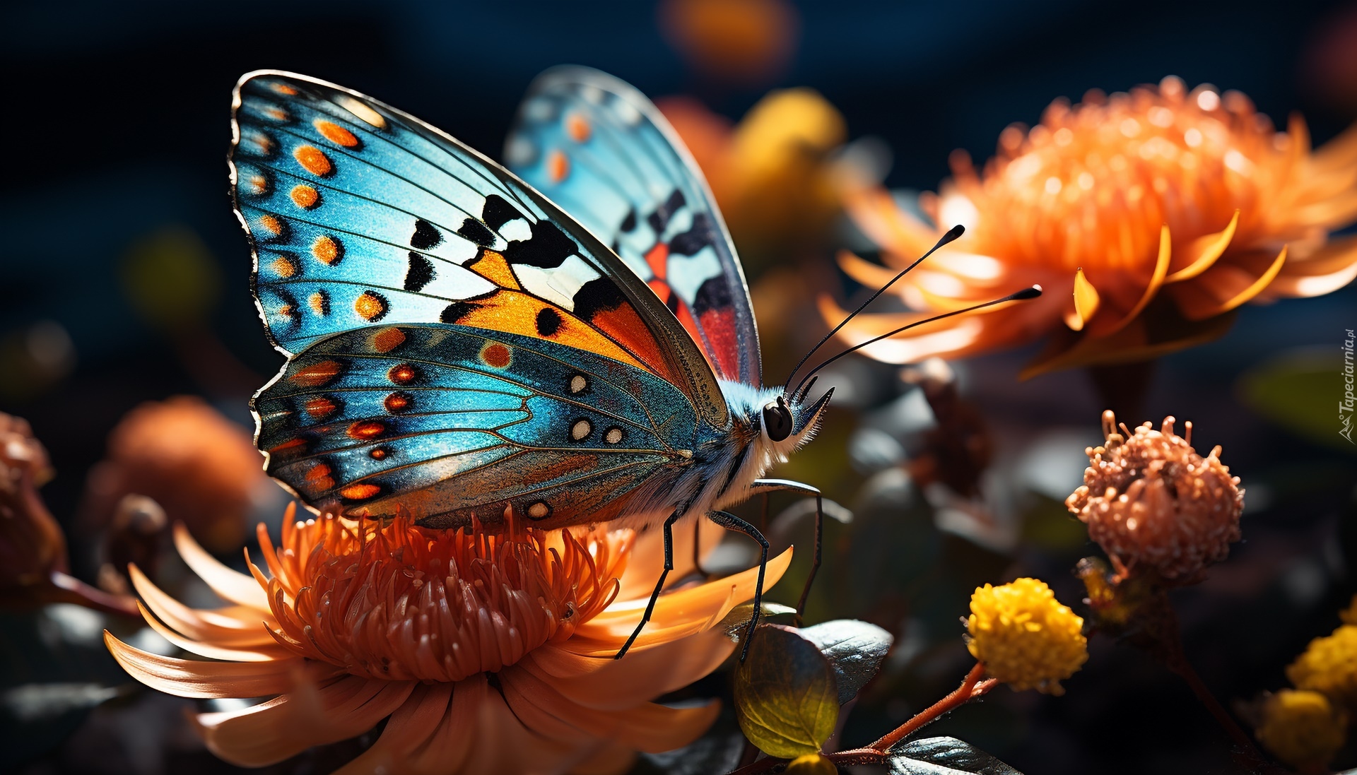 Niebieski, Motyl, Pomarańczowe, Kwiaty, Światło, Grafika
