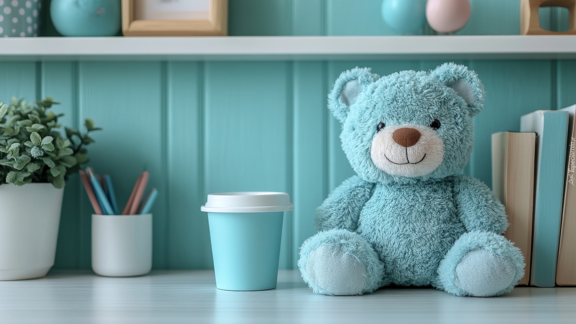 Zabawka, Pluszowy, Niebieski, Miś, Książki, Kubek, Kredki, Kwiat