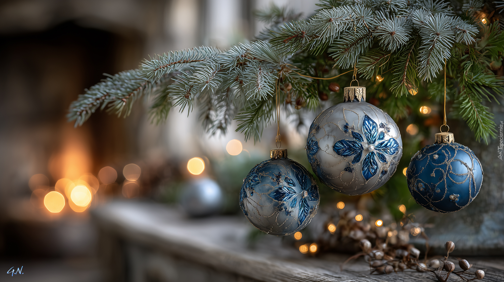 Niebieskie, Bombki, Jodła, Boże, Narodzenie, Grafika AI
