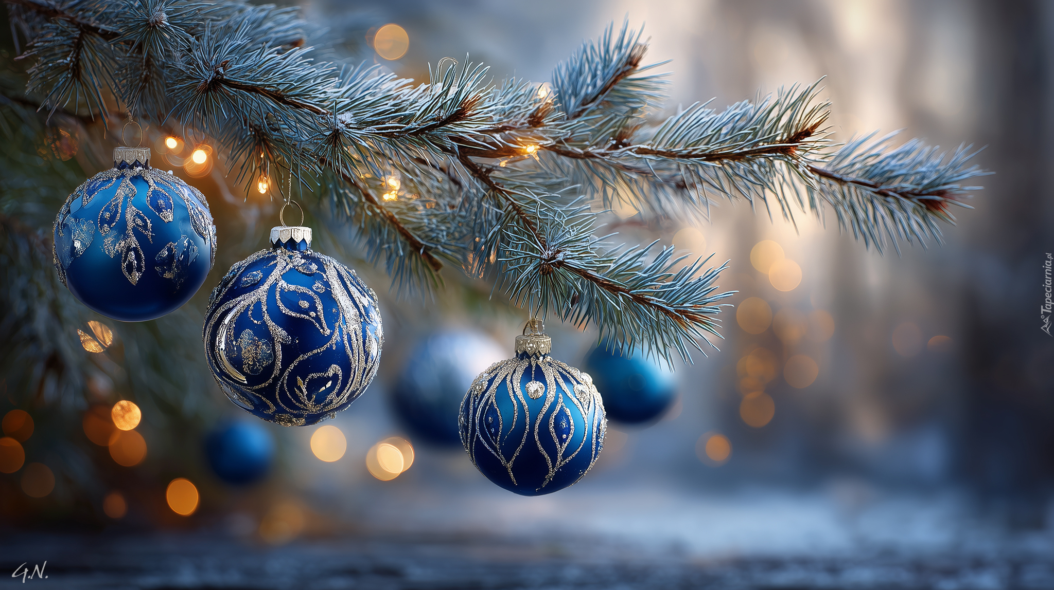 Boże Narodzenie, Niebieskie, Bombki, Sosna, Grafika AI