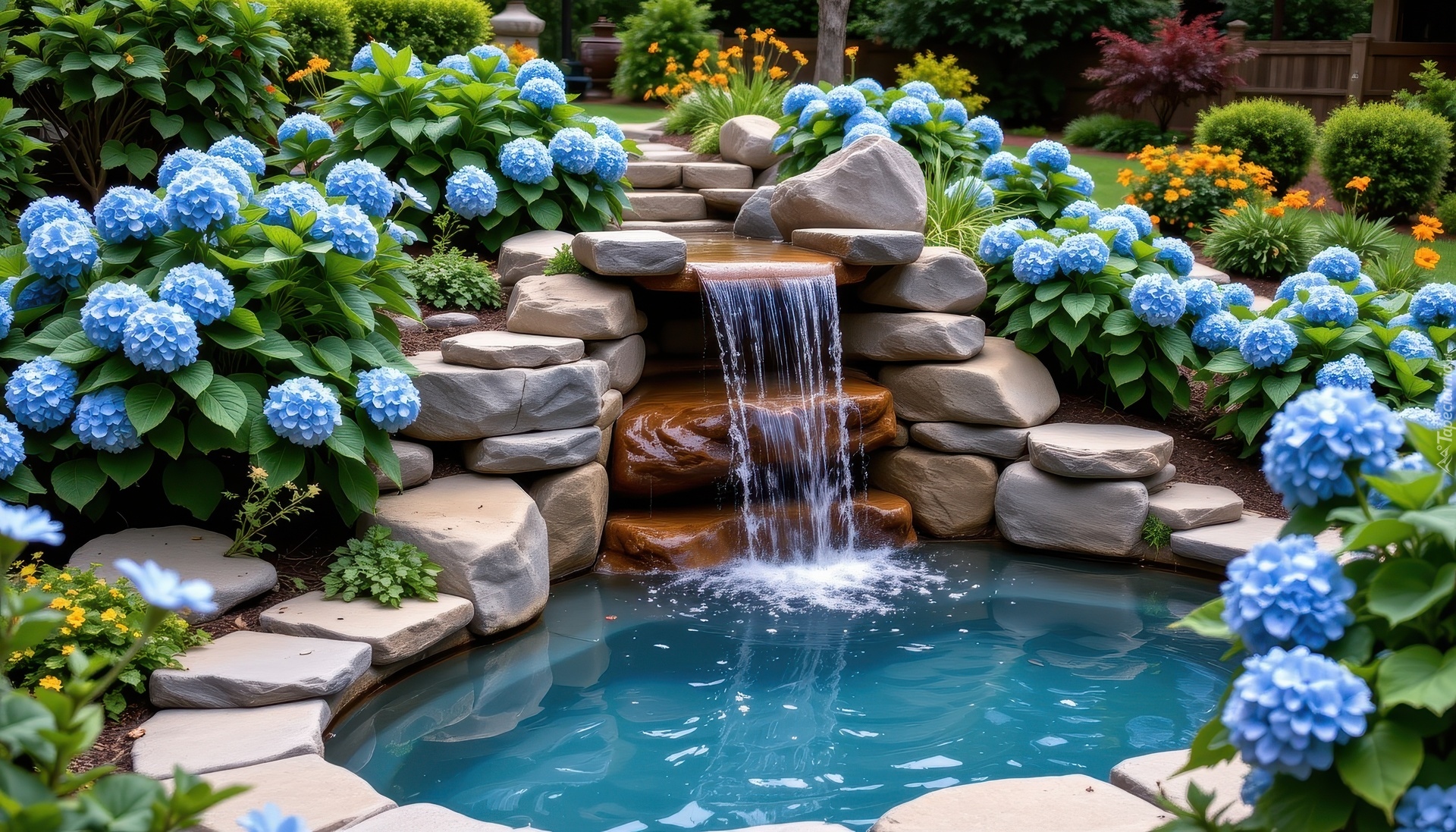 Ogród, Kwiaty, Hortensje, Kamienie, Kaskada