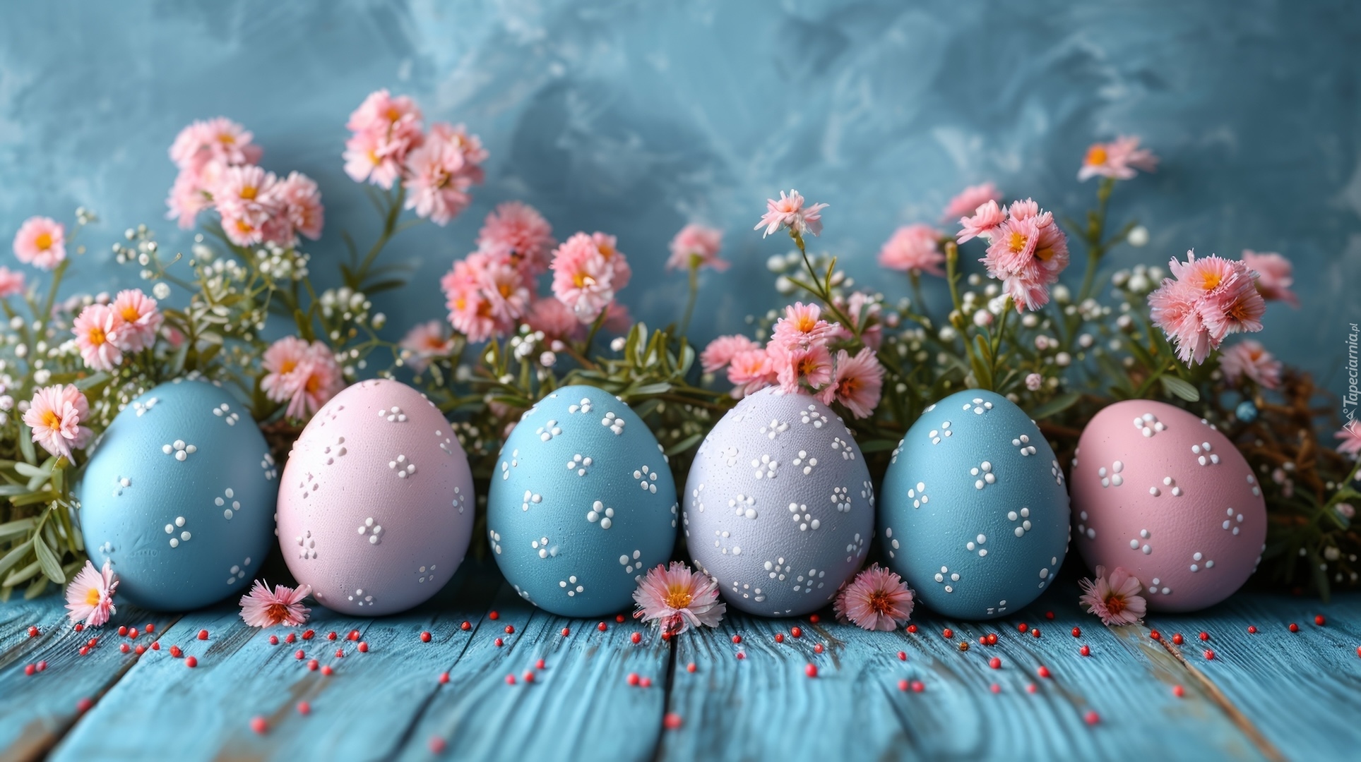 Wielkanoc, Różowe, Niebieskie, Pisanki, Kwiaty, Deski, AI