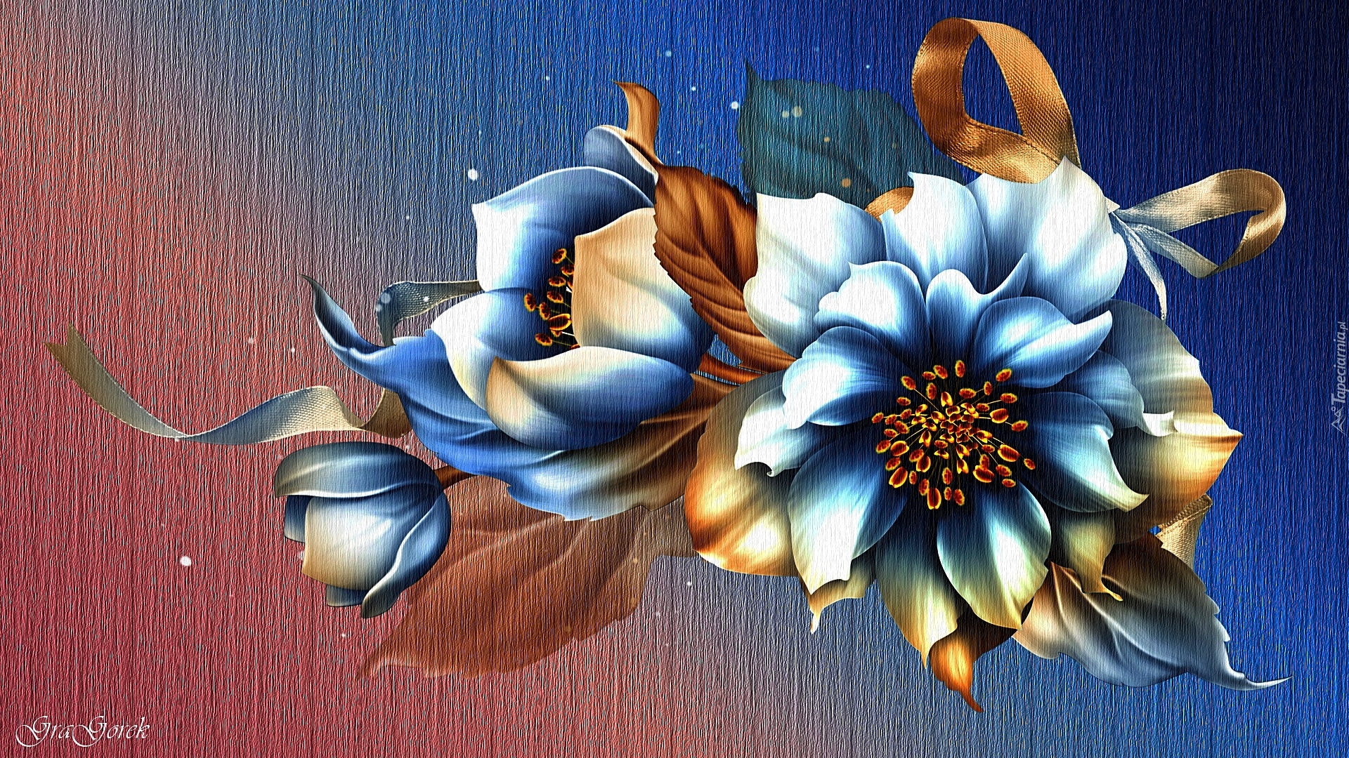 Niebieskie, Kwiaty, Tasiemka, Grafika