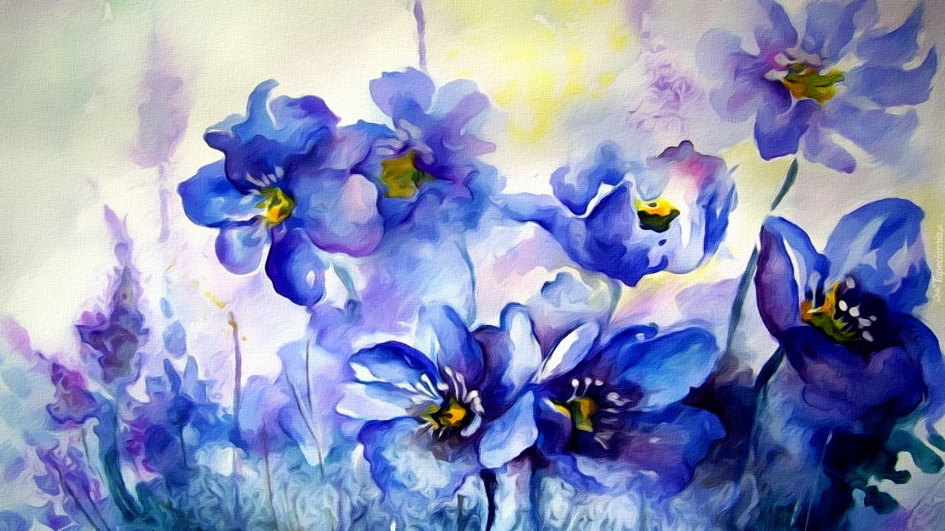 Niebieskie, Kwiaty, Malarstwo, Akwarela