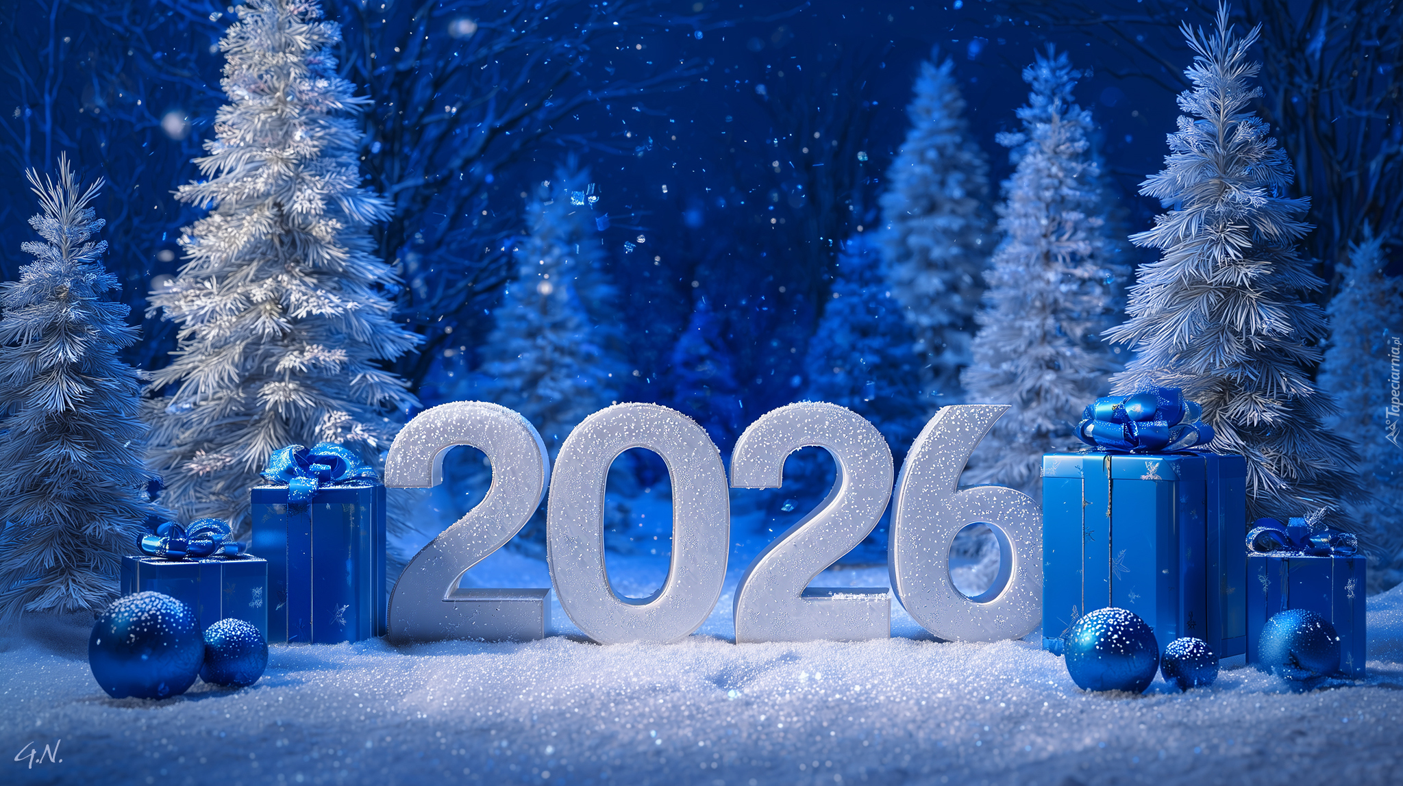 Napis, Nowy Rok, 2026, Prezenty, Choinki, Bombki, Zima, Grafika Ai