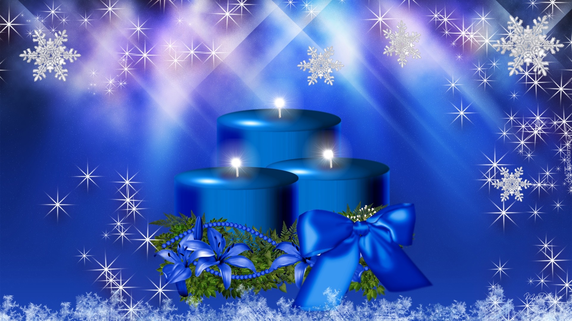 Boże Narodzenie, Niebieskie, Świece, Wstążki, 2D