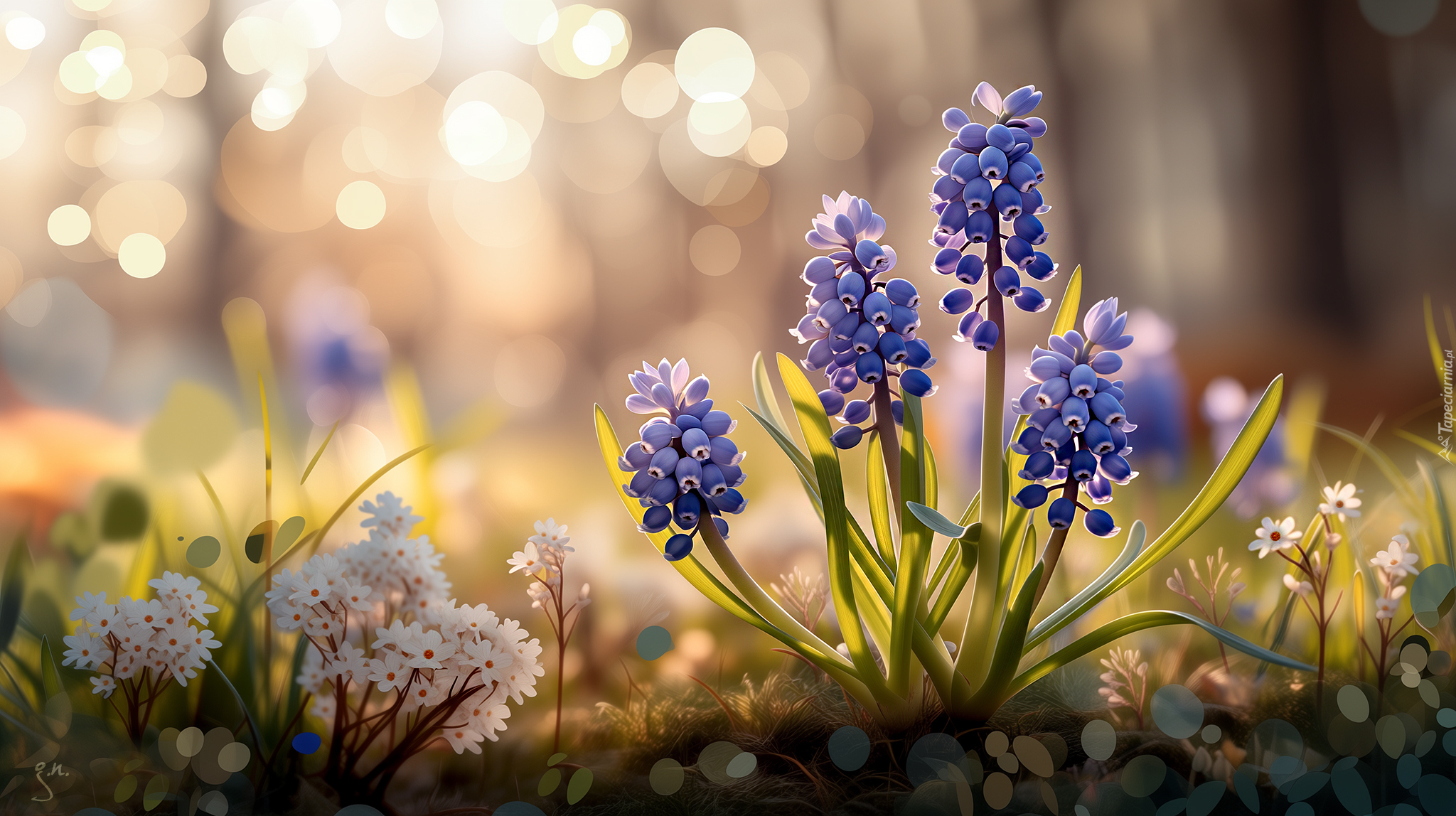 Szafirki, Niebieskie, Kwiaty, Bokeh, Grafika AI