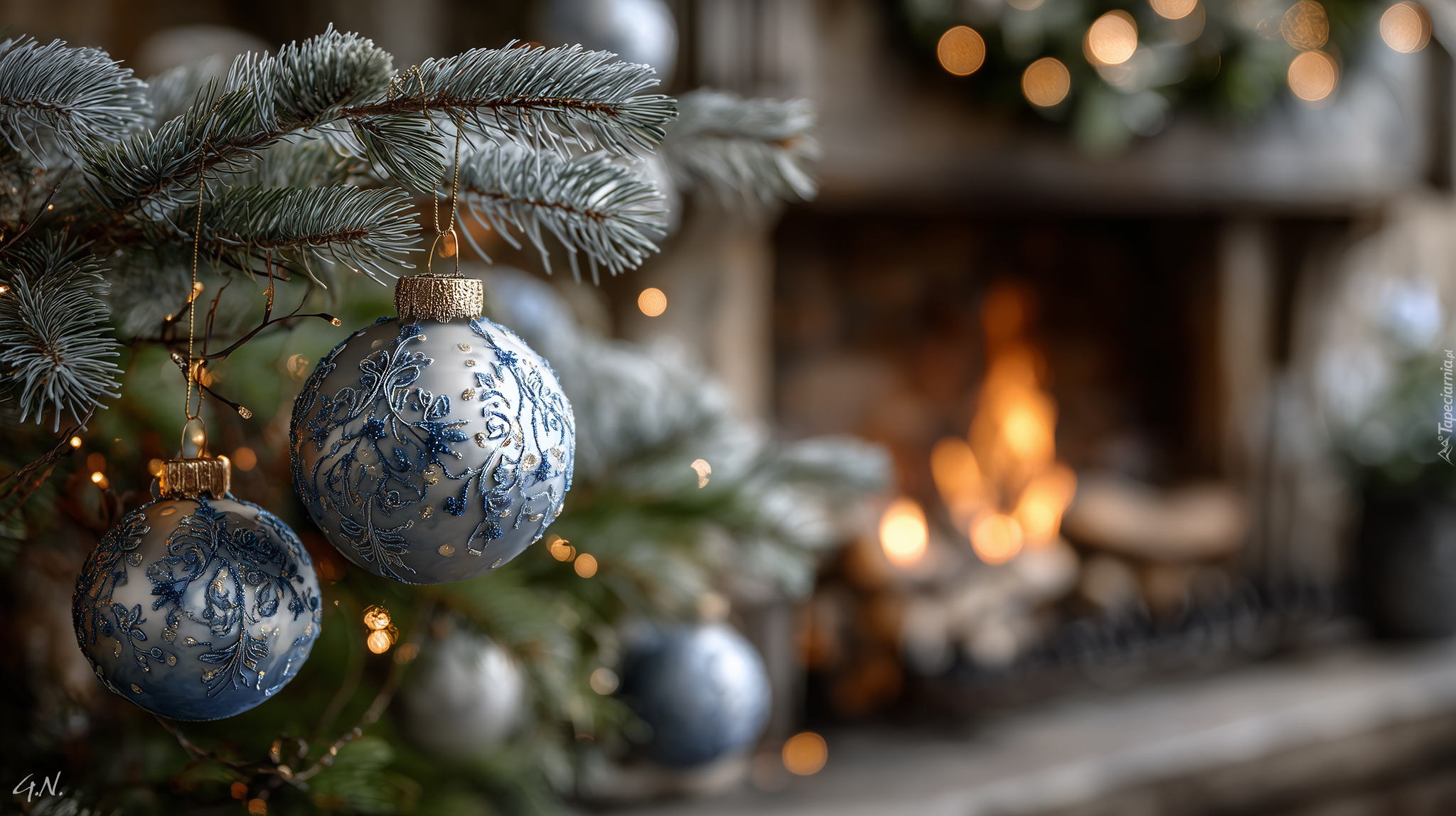 Boże Narodzenie, Niebiesko-srebrne, Bombki, Choinka, Grafika AI