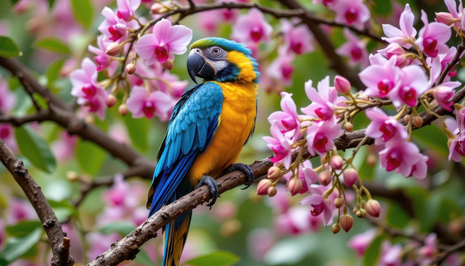 Kwiaty, Gałązki, Storczyki, Papuga, Niebiesko-żółta, Ara