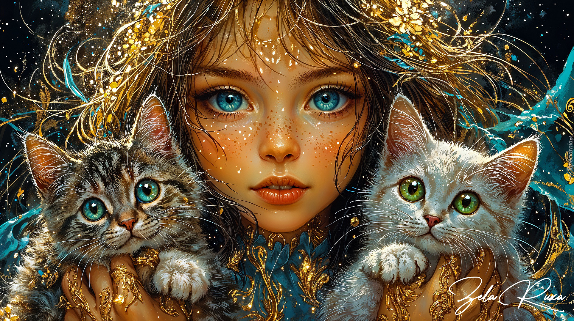 Dziewczynka, Niebieskie, Oczy, Dwa, Koty