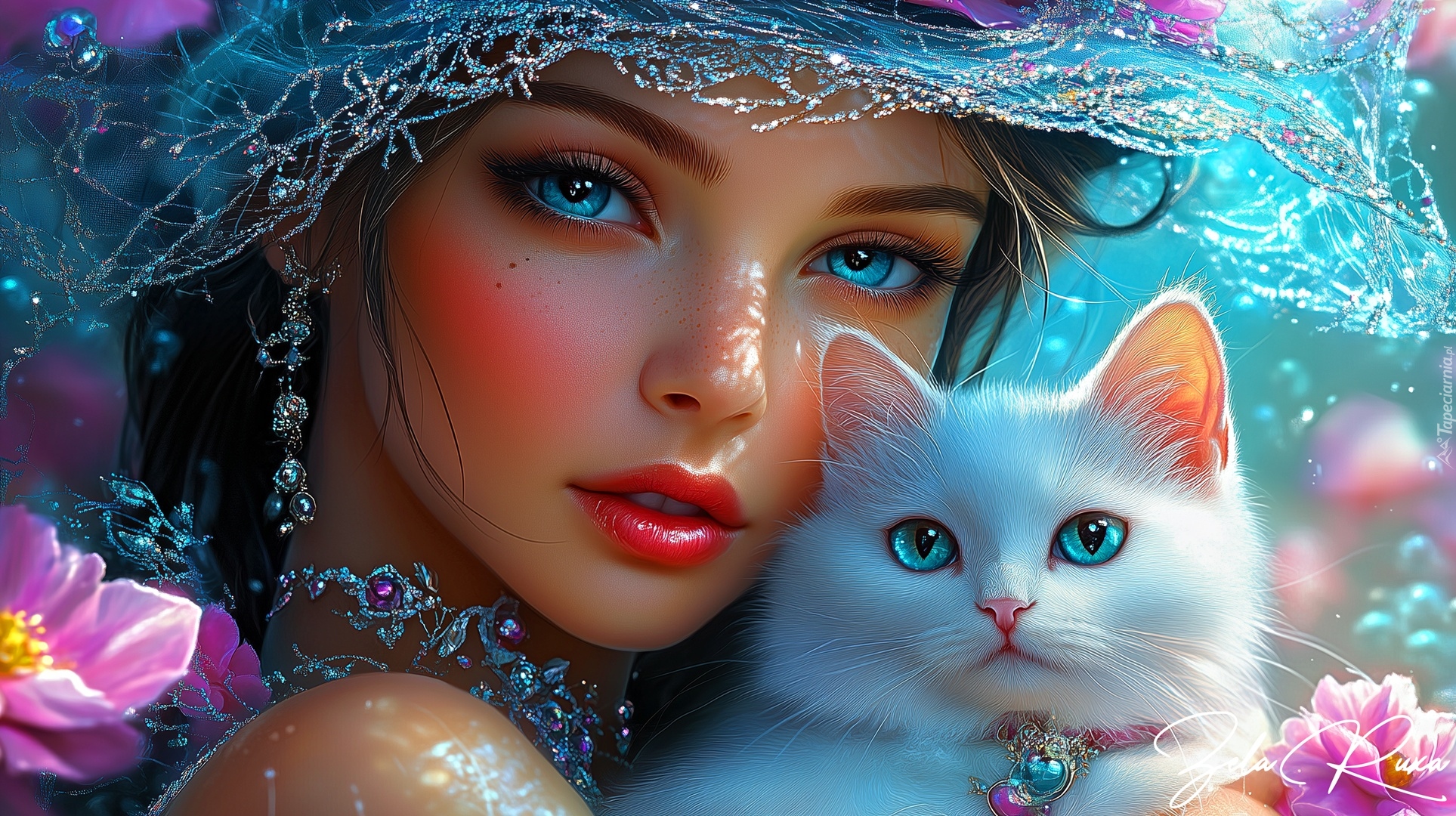 Kobieta, Biały, Kot, Niebieskie, Oczy, Grafika AI