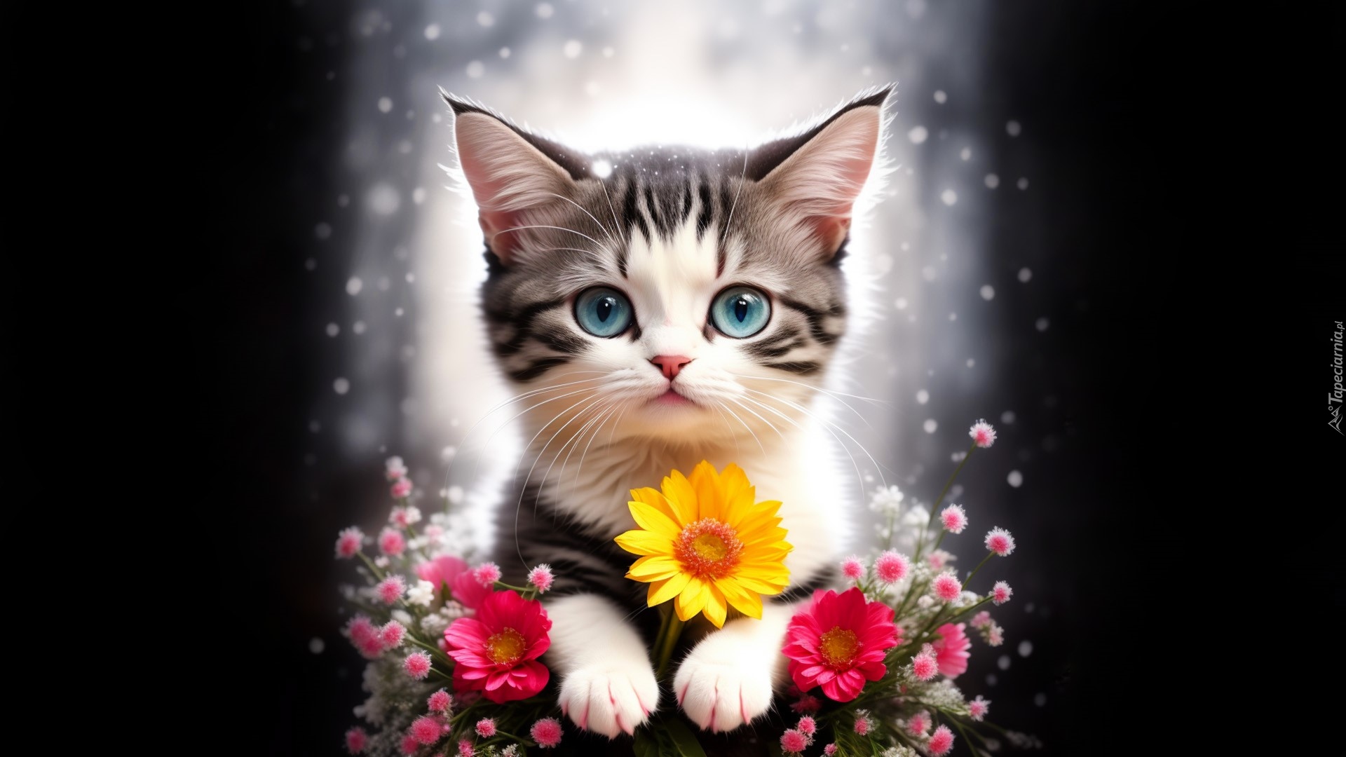 Kolorowe, Kwiaty, Kot