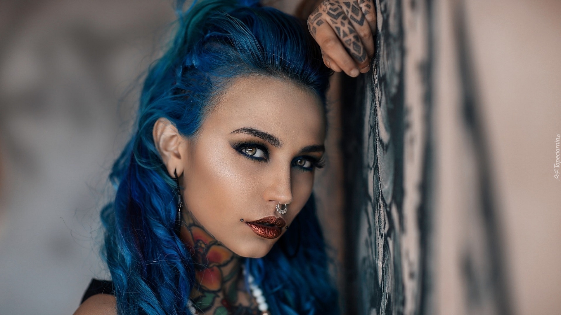 Kobieta, Niebieskie, Włosy, Kolczyki, Tatuaże