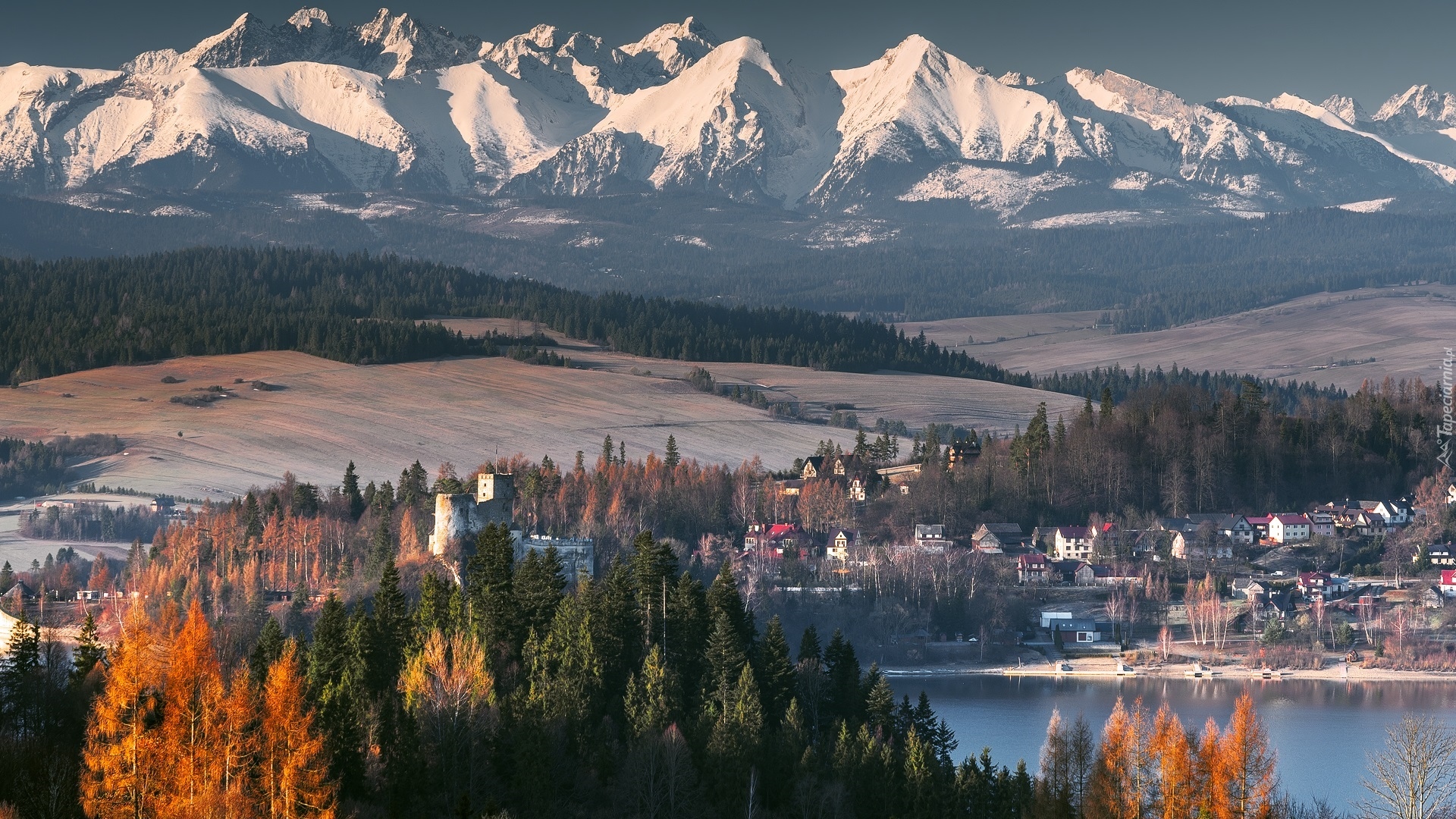 Góry, Tatry, Rzeka, Drzewa, Domy, Zamek Niedzica, Niedzica, Polska