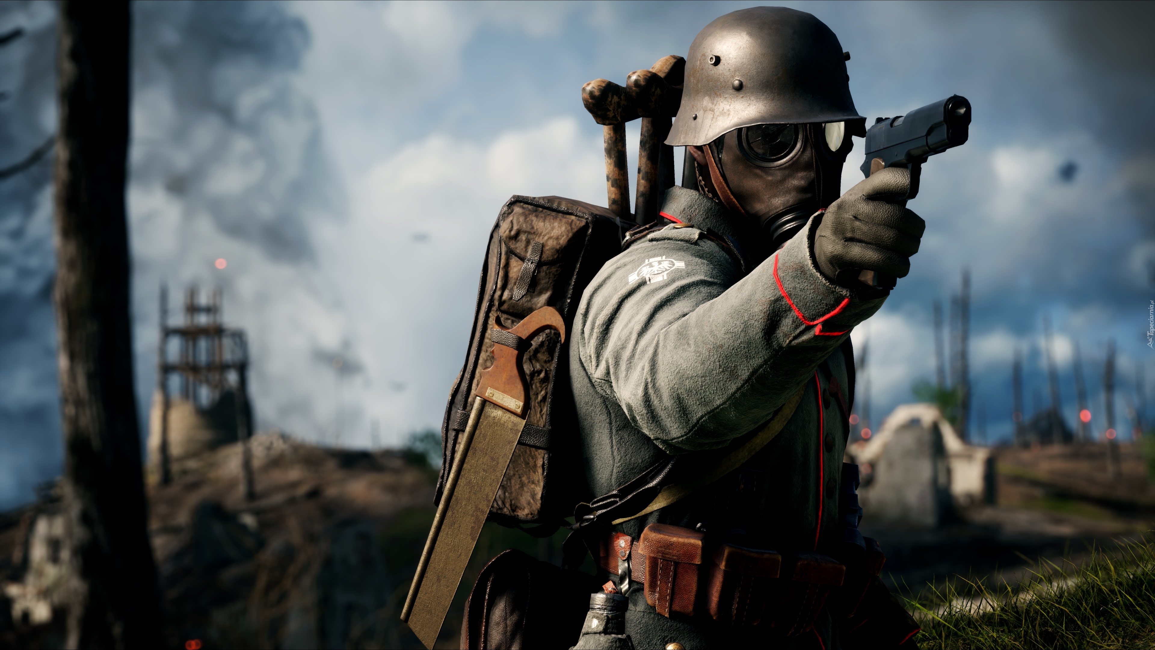 Gra, Battlefield 1, Żołnierz, Mundur, Plecak, Pistolet, Hełm, Maska przeciwgazowa