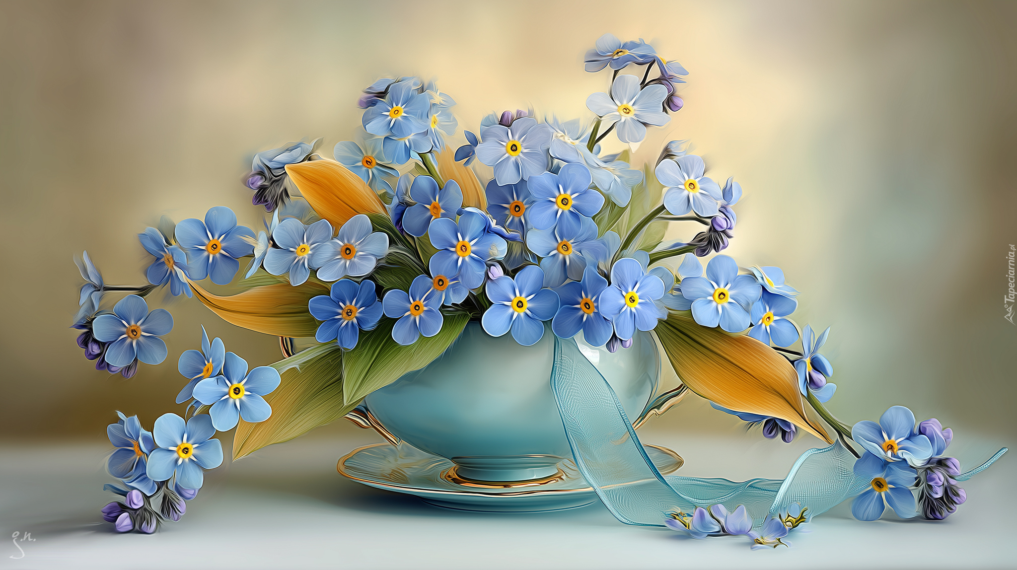 Niezapominajki, Filiżanka, Wstążka, Grafika AI