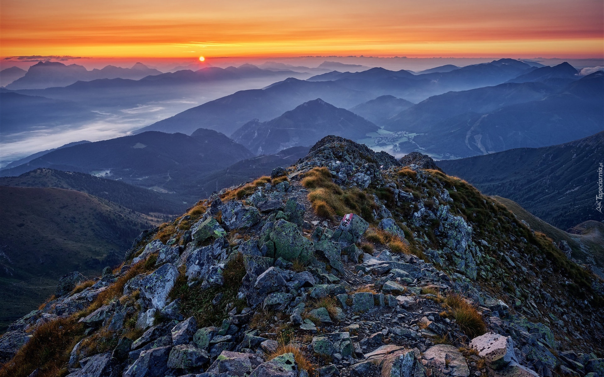 Austria, Góry, Niskie Taury, Alpy, Wschód słońca, Skały, Mgła